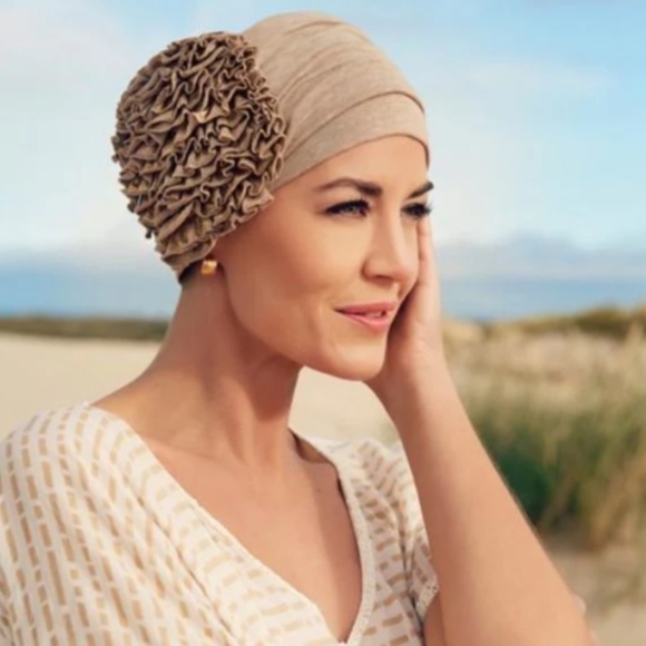 New Turban Christine Headwear Aimee Turban taupe foil Neutral print linen NWT - Picture 9 of 9